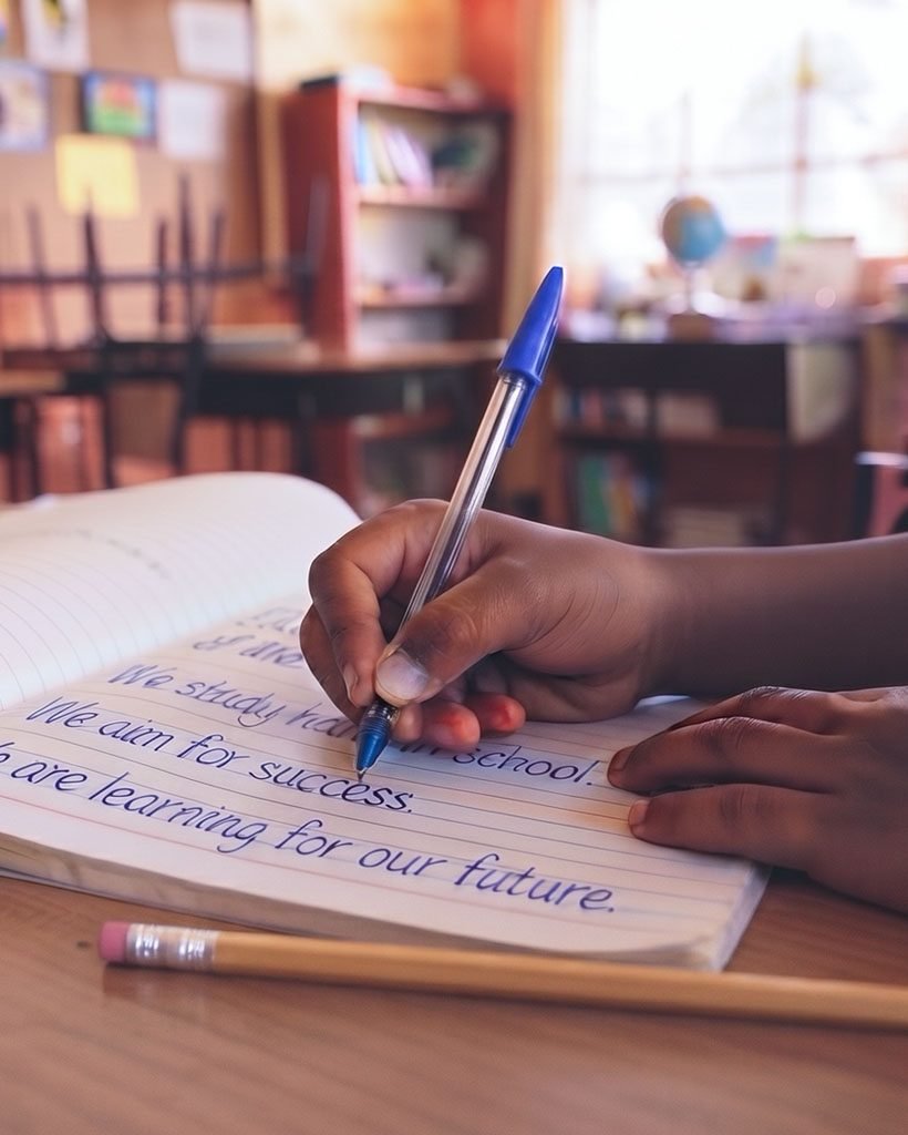 Academics student writing in book